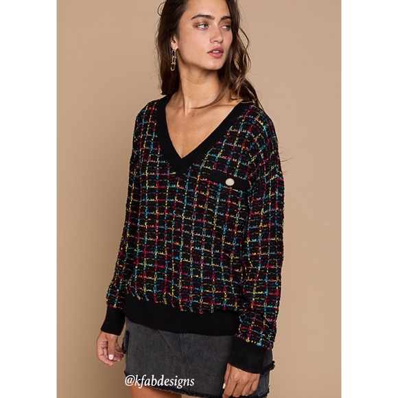 POL! LAST! Stunning On Trend Black w/Multicolor Tweed Front/Back V Neck Sweater - Picture 4 of 7